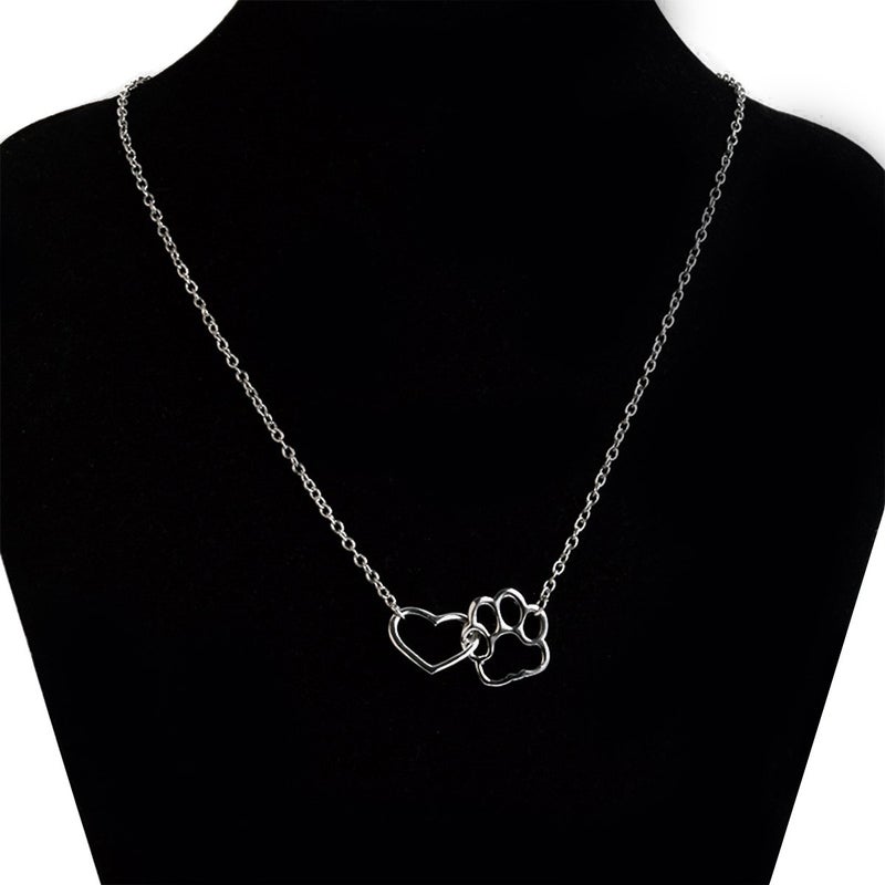 QIAN0813 Cat Dog Puppy Paw Print Stamped Pet Memorial Pendant Necklace Love Heart Necklace Jewelry (Silver) - Image 2